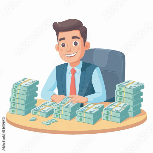 Cute businessman sitting at desk with cash stacks. flat vector illustration