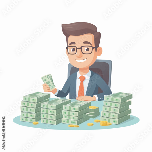 Cute businessman sitting at desk with cash stacks. flat vector illustration