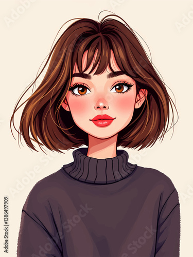 Charming Illustrated Portrait of a Young Woman with Bob Haircut
