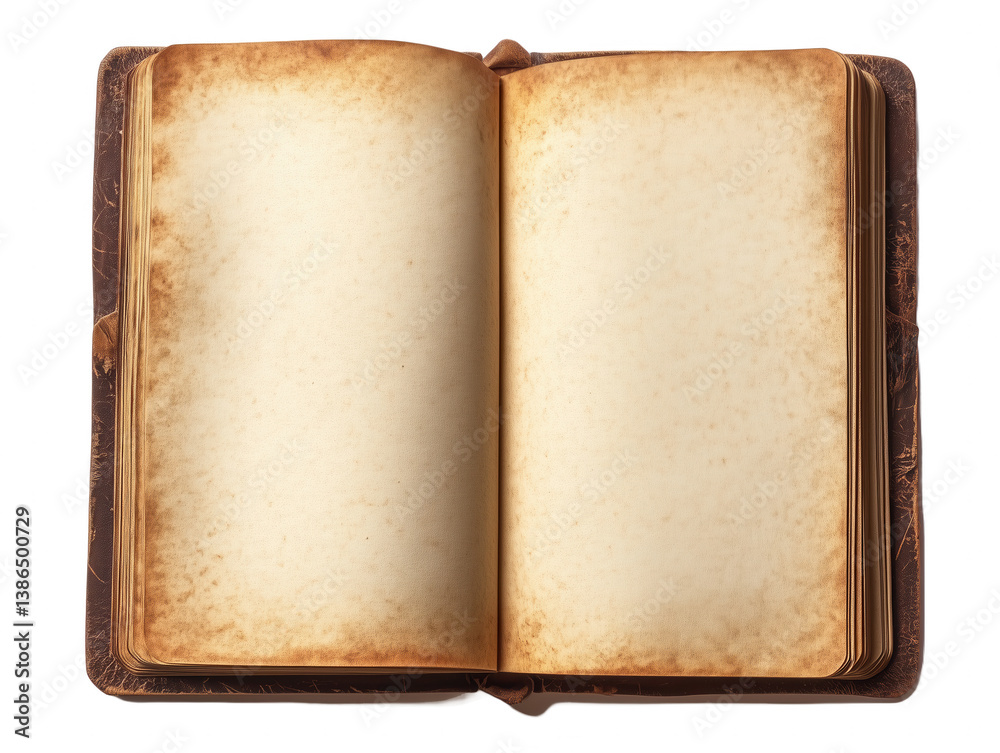 Fototapeta premium Open book with blank pages and dark brown leather cover from a top-down perspective