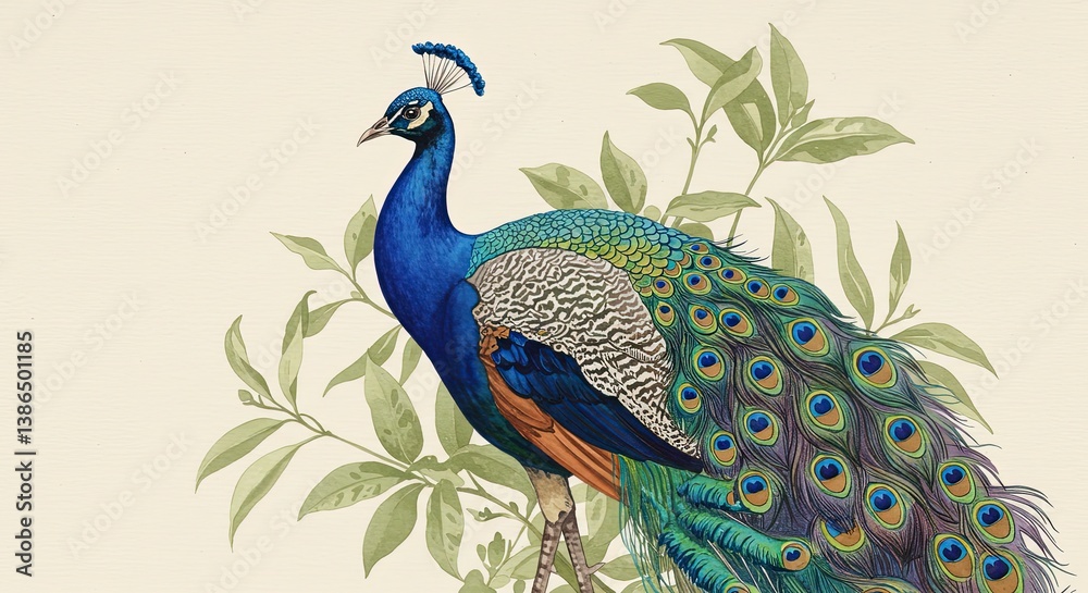 Fototapeta premium Elegant Peacock Detailed Illustration Botanical Green Leaves Decorative Style