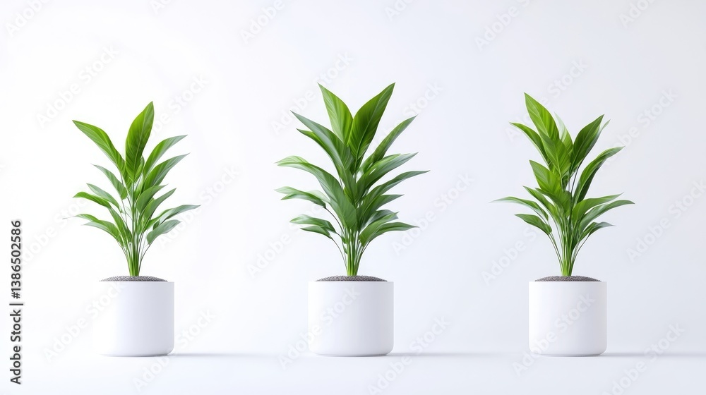 Fototapeta premium Three potted plants with vibrant green leaves sit in a row against a white background. The plants are similar in size and shape, creating a symmetrical composition. The image is high-quality and feat