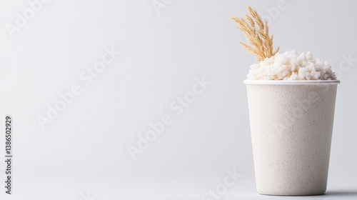 A white disposable cup filled with rice grains topped with a single wheat stalk, minimalist composition on a plain light background, and rustic and natural concept.
