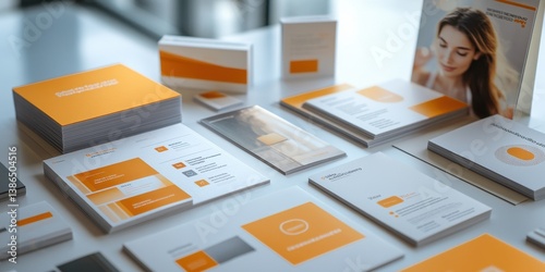 Elegant collection of stationary and branding materials displayed on a sleek desk in a modern workspace during daylight hours