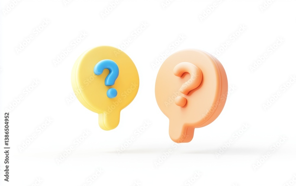 3D Question Mark Icons, Pastel Colors, Floating Speech Bubbles, White Background 3D Question Mark Icons, Pastel Colors, Floating Speech Bubbles, White Background