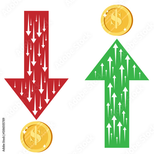 Illustration of the rise and fall of the stock market and gold coins in opposite directions. Concept of financial gains and losses in a skewed manner on a white background.