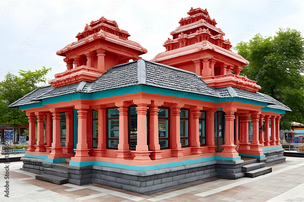 A vibrant pink and teal pavilion with tiered roofs, intricate pillars, and glass windows, sits in a paved plaza A vibrant pink and teal pavilion with tiered roofs, intricate pillars, and glass windows, sits in a paved plaza
