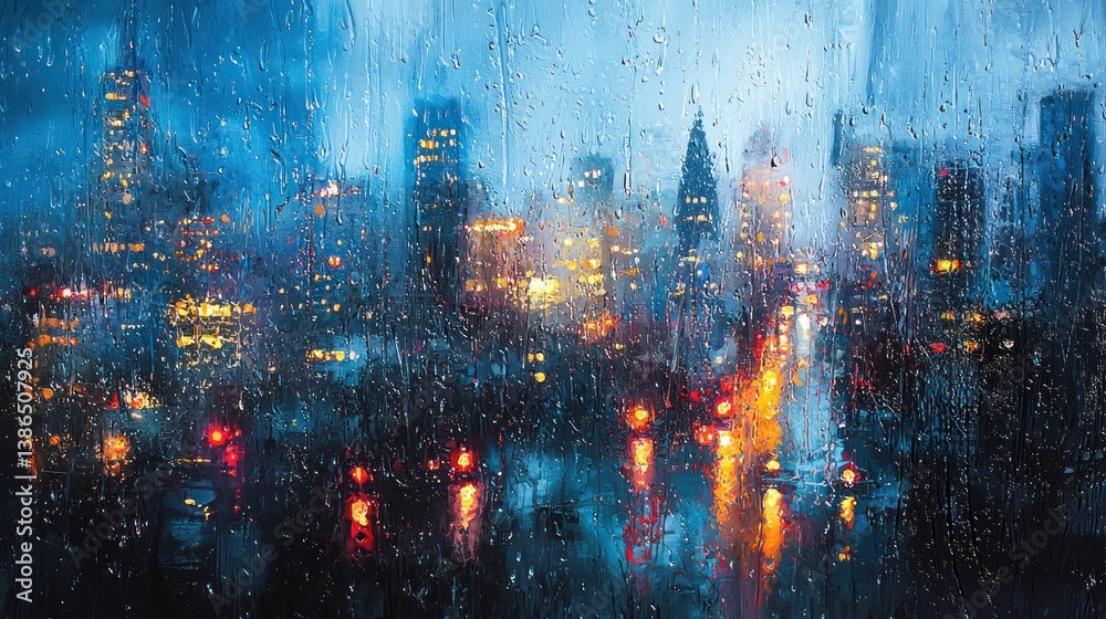 Obraz premium Rainy night city view through wet window.