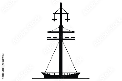Silhouette of a tall sailing ship on the ocean at sunset with a nautical and pirate-style design