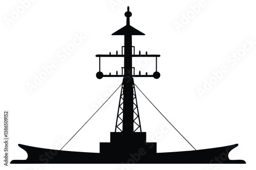 Silhouette of a tall sailing ship on the ocean at sunset with a nautical and pirate-style design