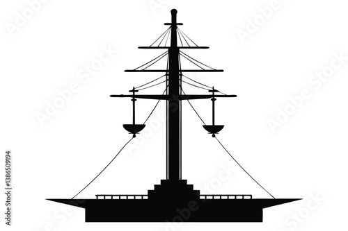 Silhouette of a tall sailing ship on the ocean at sunset with a nautical and pirate-style design