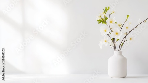 A white ceramic vase with delicate white flowers on a minimalist white table, soft sunlight streaming through window, and serene indoor setting.