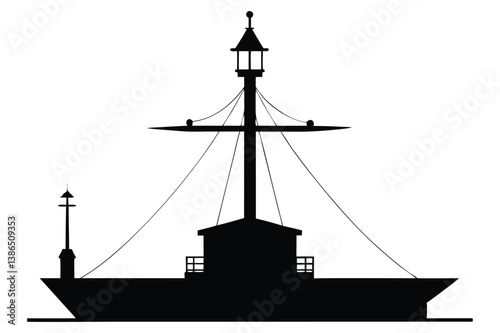 Silhouette of a tall sailing ship on the ocean at sunset with a nautical and pirate-style design