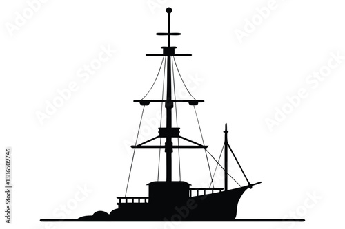 Silhouette of a tall sailing ship on the ocean at sunset with a nautical and pirate-style design
