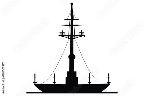 Silhouette of a tall sailing ship on the ocean at sunset with a nautical and pirate-style design