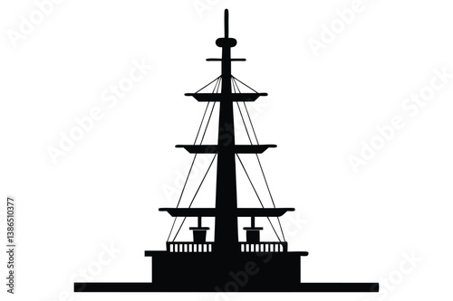 Silhouette of a tall sailing ship on the ocean at sunset with a nautical and pirate-style design