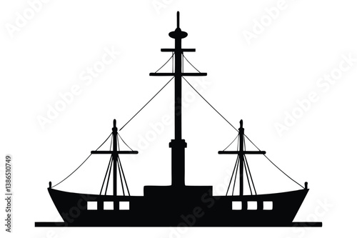 Silhouette of a tall sailing ship on the ocean at sunset with a nautical and pirate-style design