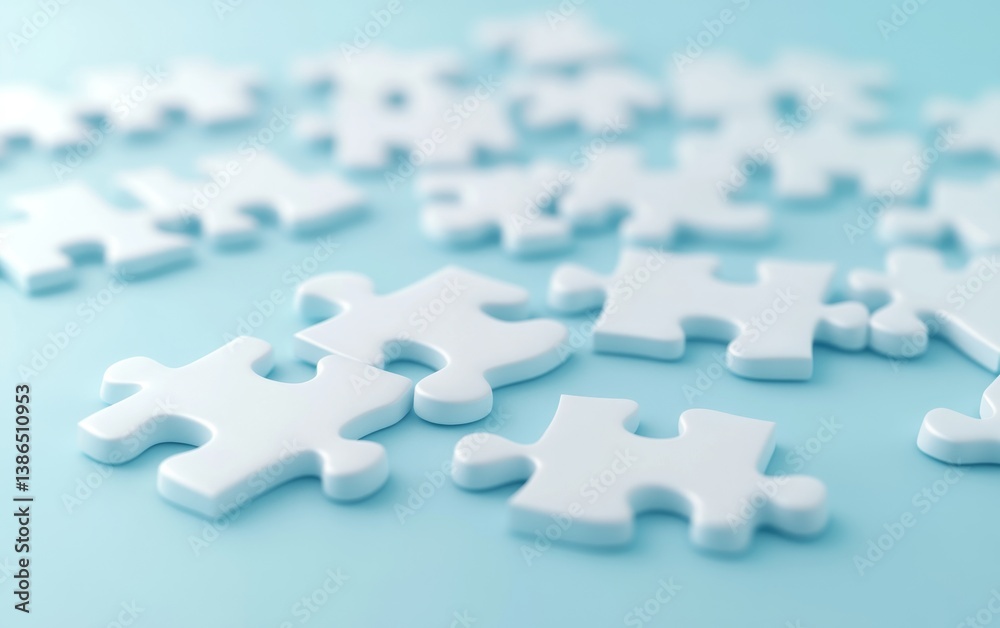 Scattered white puzzle pieces on a light blue surface