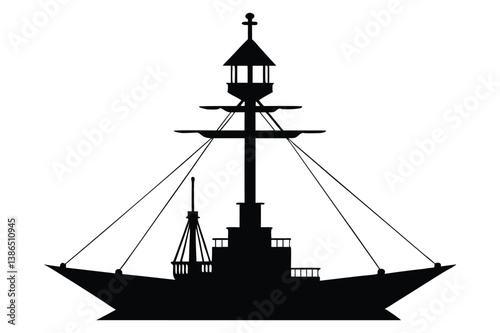 Silhouette of a tall sailing ship on the ocean at sunset with a nautical and pirate-style design