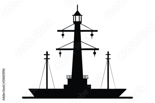 Silhouette of a tall sailing ship on the ocean at sunset with a nautical and pirate-style design