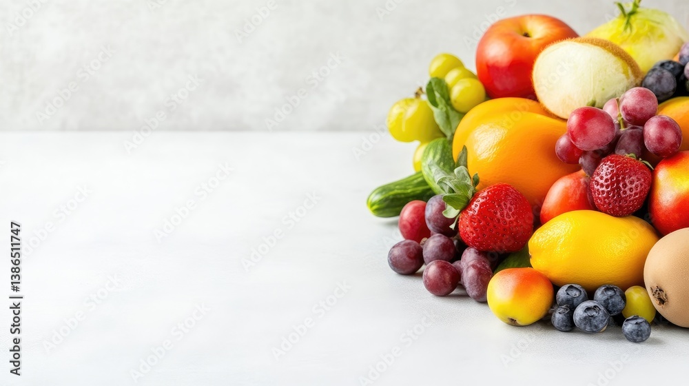 Vibrant array of fresh fruits and vegetables. A colorful assortment of various fruits, including apples, melons, grapes, berries, and more, presented on a light surface Vibrant array of fresh fruits and vegetables. A colorful assortment of various fruits, including apples, melons, grapes, berries, and more, presented on a light surface
