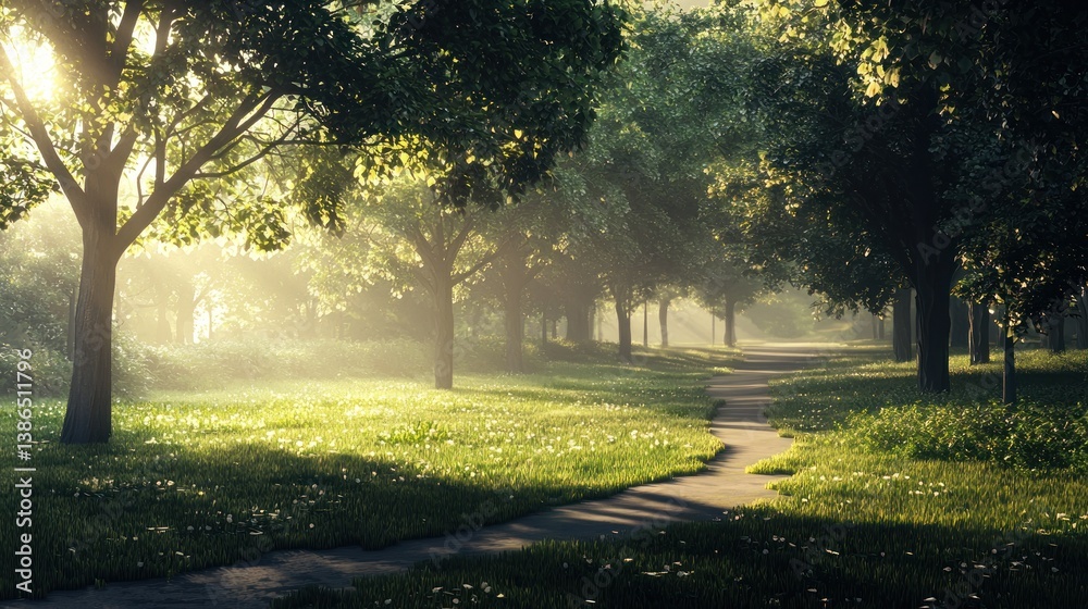 Obraz premium Sunlit path through misty morning forest.