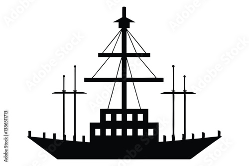 Silhouette of a tall sailing ship on the ocean at sunset with a nautical and pirate-style design