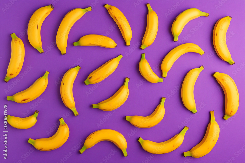 Image of a pattern made of yellow bananas on a purple background Image of a pattern made of yellow bananas on a purple background