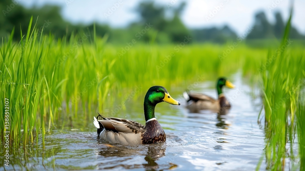 Fototapeta premium Ducks Swimming in Green Rice Field
