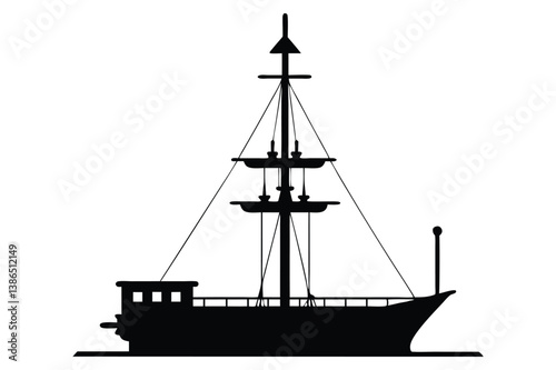 Silhouette of a tall sailing ship on the ocean at sunset with a nautical and pirate-style design