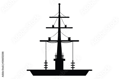 Silhouette of a tall sailing ship on the ocean at sunset with a nautical and pirate-style design