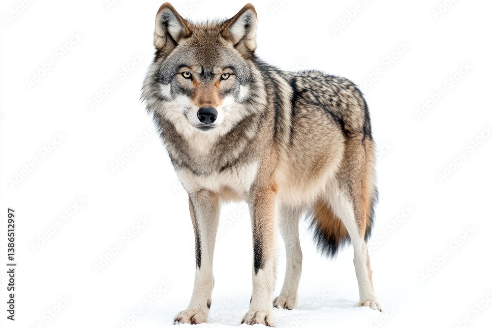 Wolf Standing Alert Looking at Camera Against White Background Wildlife Shot Wolf Standing Alert Looking at Camera Against White Background Wildlife Shot