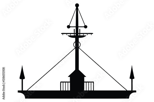 Silhouette of a tall sailing ship on the ocean at sunset with a nautical and pirate-style design