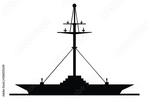 Silhouette of a tall sailing ship on the ocean at sunset with a nautical and pirate-style design