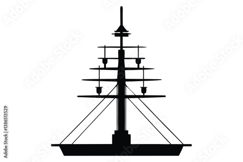 Silhouette of a tall sailing ship on the ocean at sunset with a nautical and pirate-style design