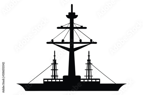 Silhouette of a tall sailing ship on the ocean at sunset with a nautical and pirate-style design