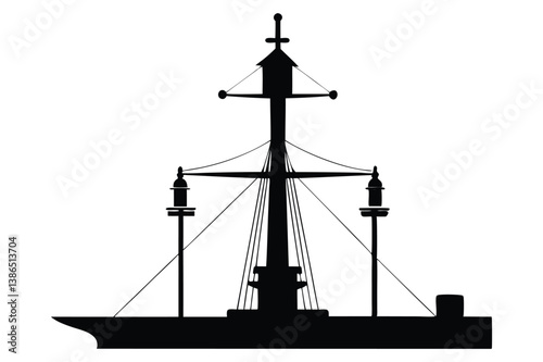 Silhouette of a tall sailing ship on the ocean at sunset with a nautical and pirate-style design