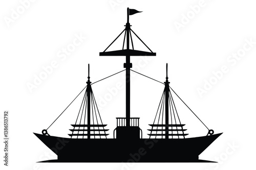 Silhouette of a tall sailing ship on the ocean at sunset with a nautical and pirate-style design