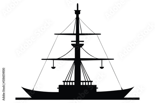 Silhouette of a tall sailing ship on the ocean at sunset with a nautical and pirate-style design