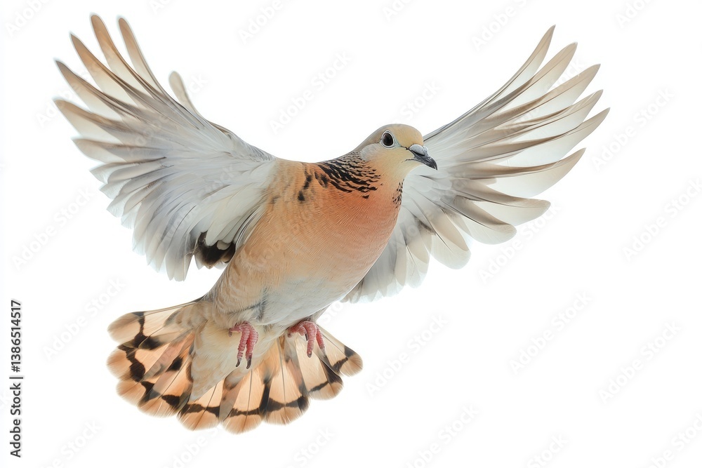 Fototapeta premium Dove Flying Gracefully with Wings Open on White Background