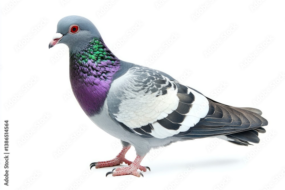 Standing Pigeon with Colorful Feathers Isolated on White Background Studio Shot Standing Pigeon with Colorful Feathers Isolated on White Background Studio Shot
