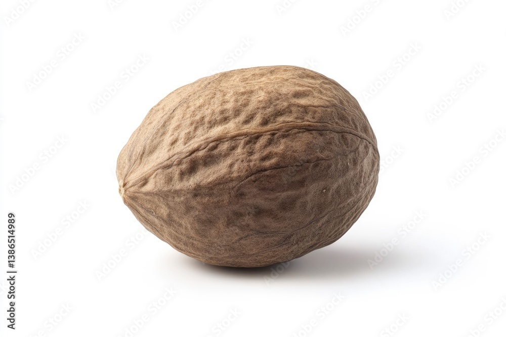 Single Nutmeg Spice with Visible Texture on Plain White Background Single Nutmeg Spice with Visible Texture on Plain White Background