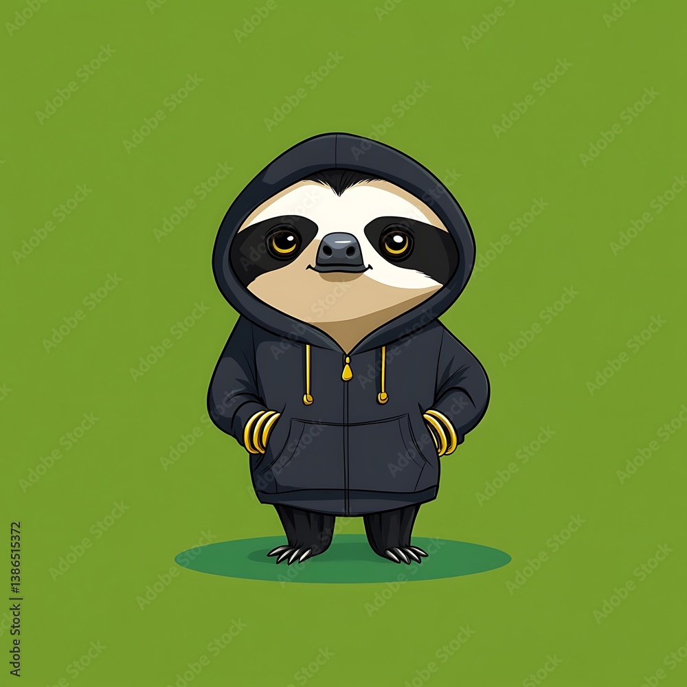 Fototapeta premium Rapping Sloth Wearing Hoodie and Gold Rings