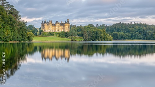 Majestic castle reflected in calm lake at dawn.