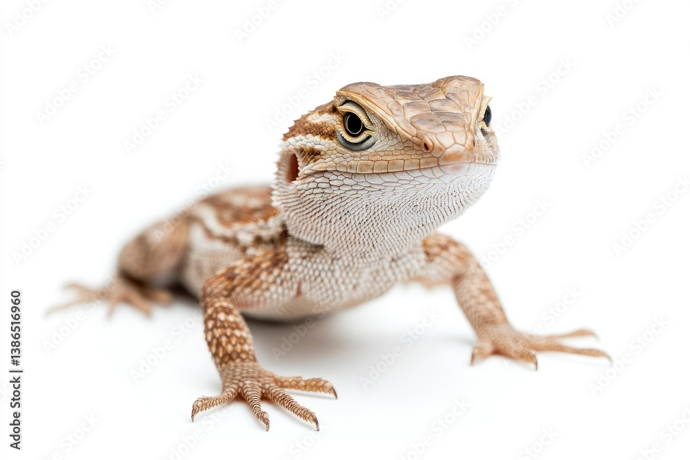 Bearded Dragon Looking Forward with Bright Light on a White Background Bearded Dragon Looking Forward with Bright Light on a White Background