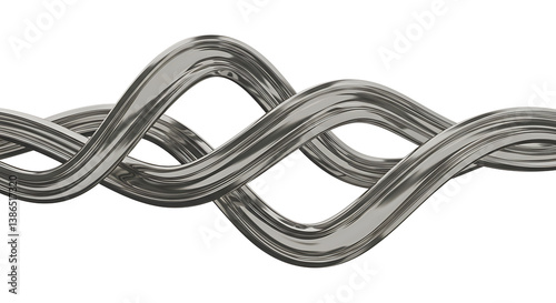 Metallic twisted line 3D shape isolated. Futuristic chrome metal spring element banner, abstract tangled curved metal spiral line frame border

