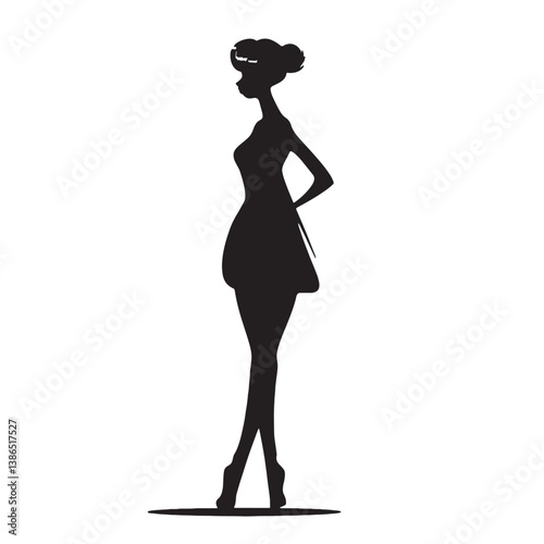 Fashion woman silhouette shows a black vector figure of a slim standing lady in profile, a beautiful model with long hair in a stylish pose, casting a shadow of a dancing person
