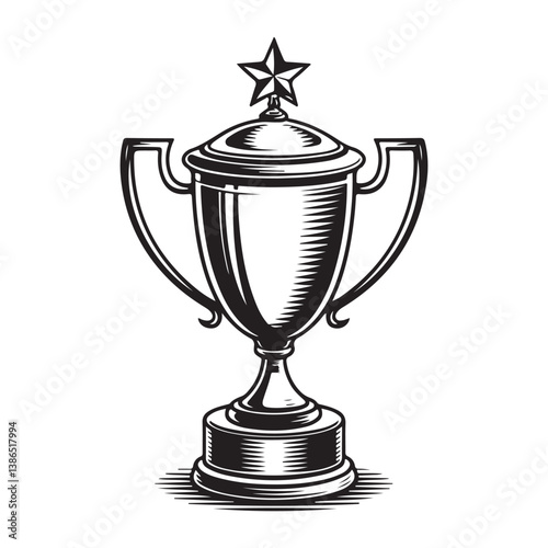 Vintage Trophy Cup with Star Illustration, Black and White Design