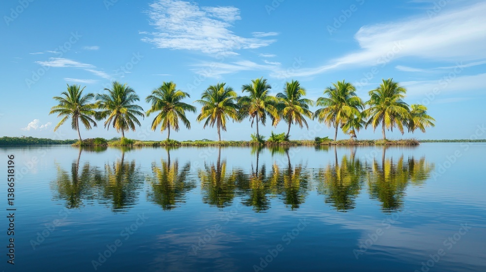 Seven palm trees on a small island reflected in calm water under a blue sky. Seven palm trees on a small island reflected in calm water under a blue sky.