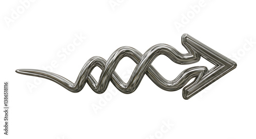 Metallic twisted line 3D shape isolated. Futuristic chrome metal spring element banner, abstract tangled curved metal spiral line frame border
